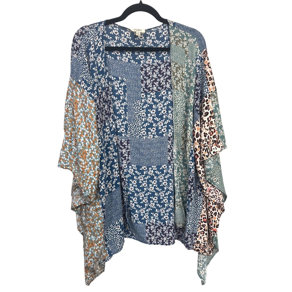 Umgee Women Blue Patchwork Print Floral Leopard Open Front Kimono Wrap Boho S/M
